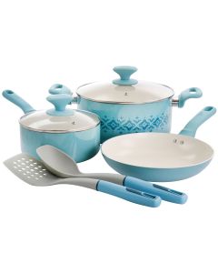 Spice by Tia Mowry Savory Saffron 7 Piece Ceramic Nonstick Aluminum Cookware Set with Nylon Utensils in Light Blue